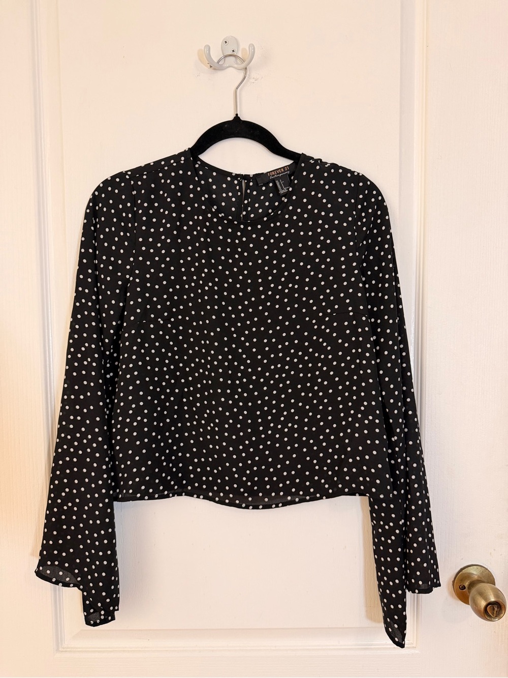 Forever 21 Black & White Polka Dot Blouse Long Flare Sleeves Small